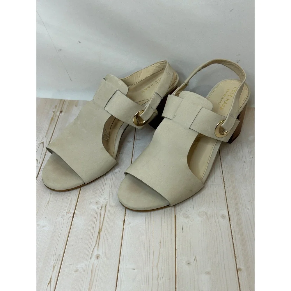 Cole Haan Sandal Heels Bone Leather Open Toe Slingback Grand Series Womens US 8M
